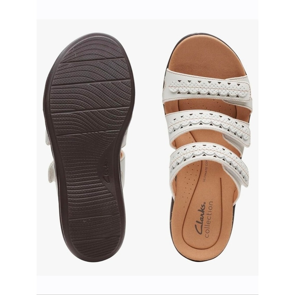 Clarks Collection Brinkley Flora White Laser Cut Slide Sandals Womens 10 M